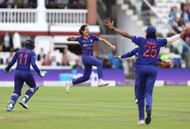 Renuka Singh of India celebrates after taking the wicket of Tammy Beaumont of England at Lord's Cricket Ground on September 24, 2022, in London. (Photo by Ryan Pierse/Getty Images)